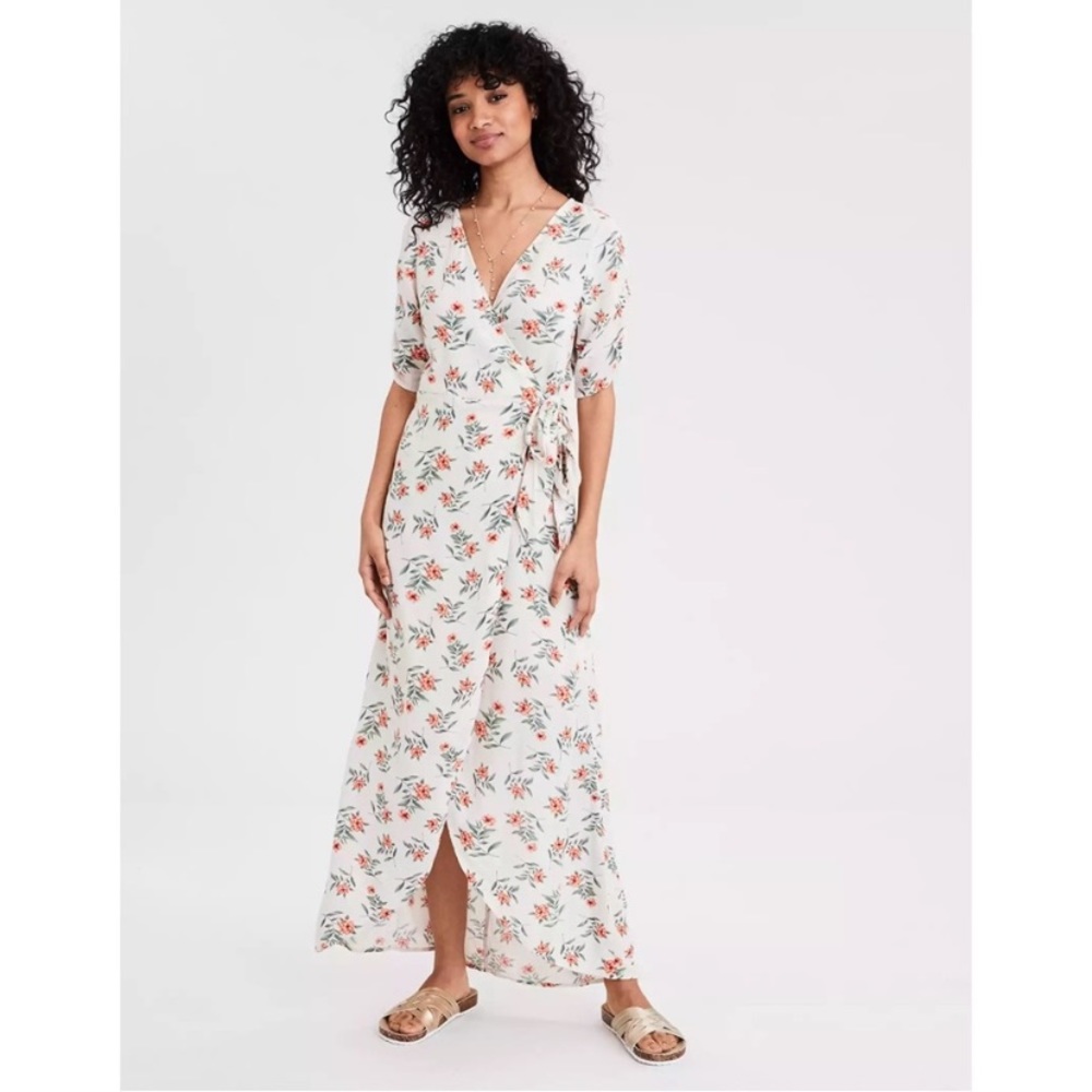AE Floral Wrap Maxi Dress Short Sleeve Ruffle XS